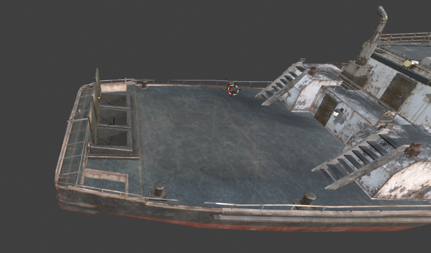 Development model of Reel Risk’s weathered metal boat, with an open deck, railings, stairs, and a small wheelhouse.